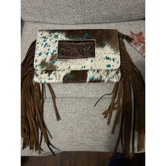 American Darling Clutch Hand Tooled Hair-On Genuine Leather Women Acid NWT Fring - Picture 7 of 7